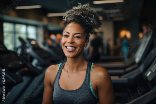 Portrait of senior multi ethnic woman working out on gym, looking at camera, selective focus. She is smilling. Modern Gym in background. Fictional person. Generated Ai