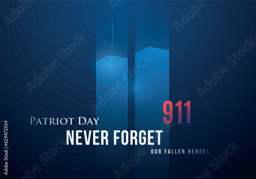 Glowing twin towers on blue background. 9 11 Patriot Day background. Stock vector illustration.