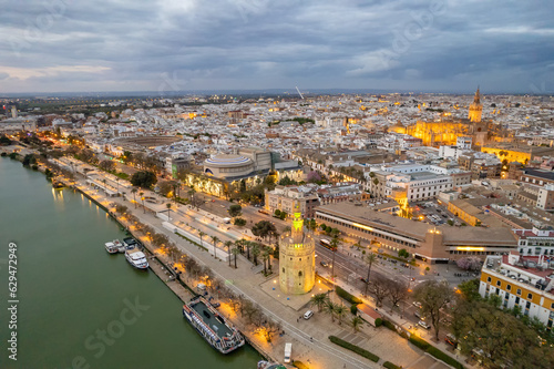 Aerial view of the Seville cityscape at night, Andalusia region, Spain.