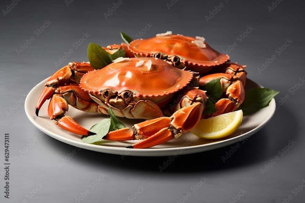 isolated Crab in a white plate with lemon and curry leaves, cooked red mud crab legs seafood