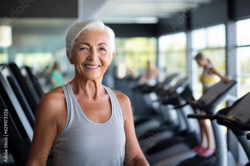 The joy of living. Portrait of an elderly smiling woman at the gym. Fictional Person. Ai generated