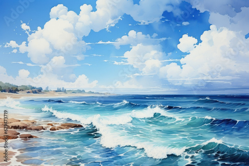 Sea Summer Watercolor Landscapes Texture. Ocean Beach Waves, Artistic Painting Background, Blue Sky and Cliffs, Sand and Sea Foam. Generative AI.