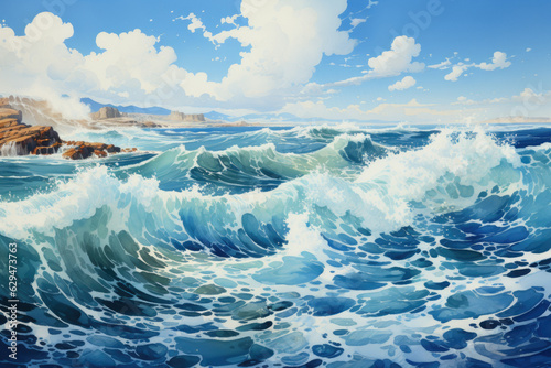 Sea Summer Watercolor Landscapes Texture. Ocean Beach Waves, Artistic Painting Background, Blue Sky and Cliffs, Sand and Sea Foam. Generative AI.