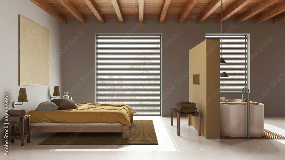 Fototapeta premium Spa, hotel suite. Bedroom and bathroom in white and yellow tones. Wooden ceiling, double bed and freestanding bathtub. Resin floor, japandi interior design
