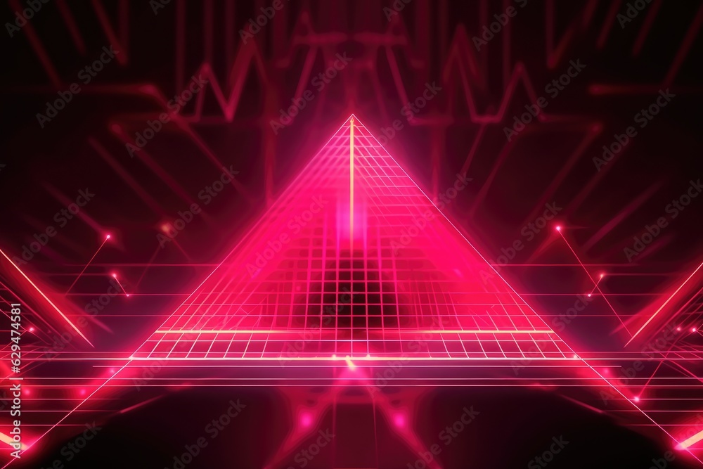 Pink neon abstract background with glowing lines in triangle shape. Laser lighting.