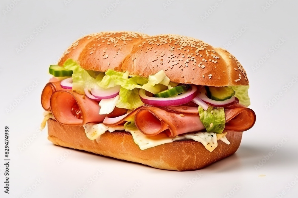 Sandwich with ham, cheese,tomatoes, lettuce, cucumbers and onions on white background