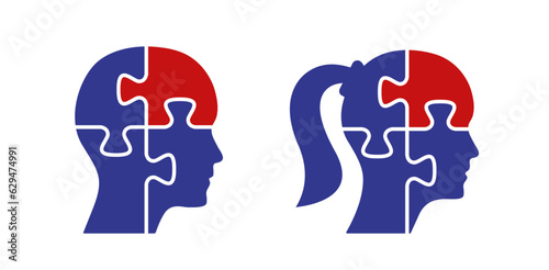 Human man and woman head from four color puzzle pieces vector design. Thinking diversity concept set to use for business, divergence, decision, success, challenge projects and presentations. 