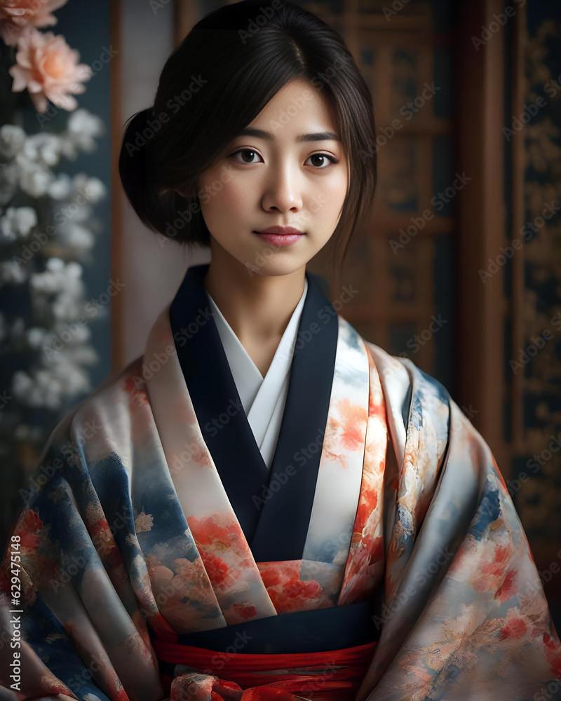 A portrait that expresses the delicate details of a young and neat Japanese woman relaxing in a kimono, created with generation AI. A portrait that expresses the delicate details of a young and neat Japanese woman relaxing in a kimono, created with generation AI.