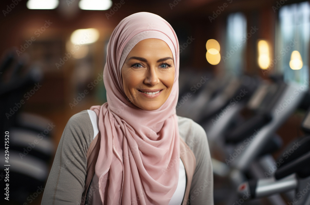 Portrait of middle aged muslim woman in hijab in the background of a modern gym. The joy of life emanates from her. Fictitious person, Ai generated.