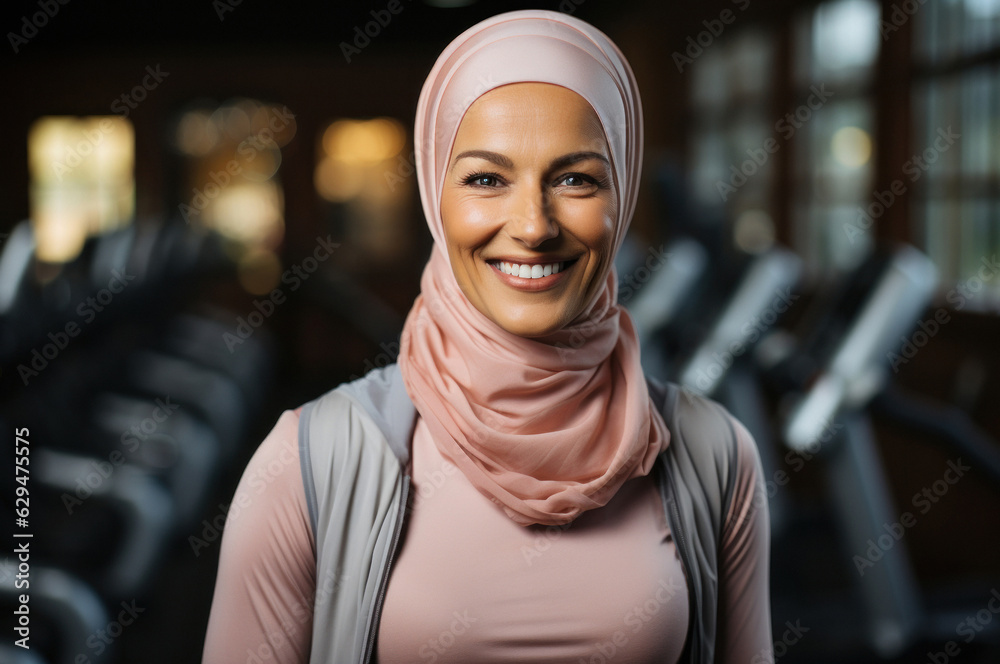 Portrait of middle aged muslim woman in hijab in the background of a modern gym. The joy of life emanates from her. Fictitious person, Ai generated.