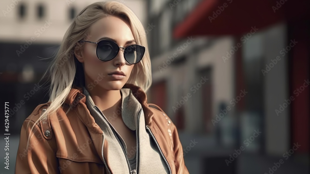 Stylish woman showcasing street fashion on a vibrant urban background. Her trendy outfit and confident demeanor blend seamlessly with the dynamic cityscape. Generative Ai