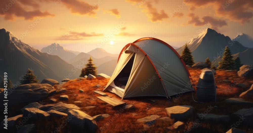 Serene Sunset Camping Experience: Tent Set Up on Majestic Mountain Peaks, Generative AI