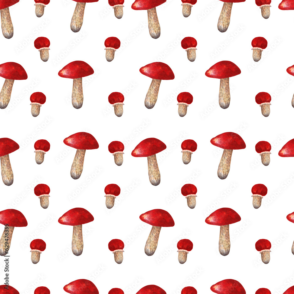 Seamless pattern of mushrooms.Big and small autumn forest plant. Template for creating fabrics, wrapping paper, invitations.Watercolor and marker illustration.Hand art.