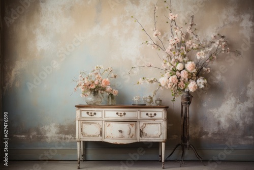 Antique wooden dresser standing in living room with bouquet of flowers. Old style furniture, nostalgia concept