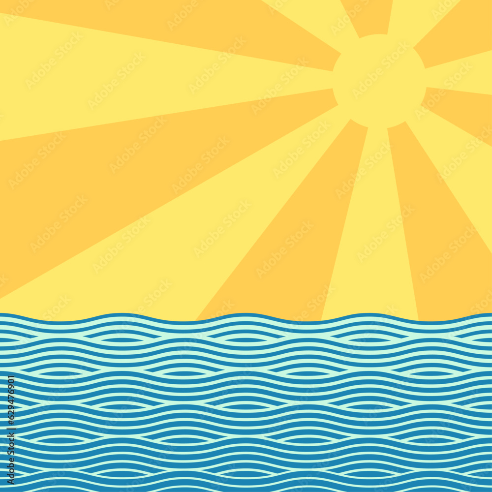 Decorative background with sun and ocean waves
