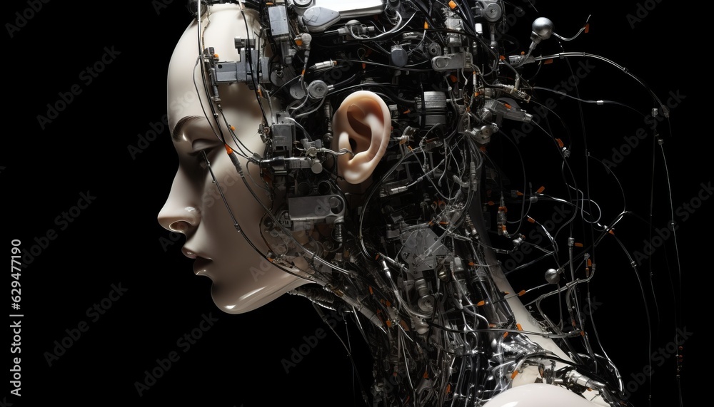 Fototapeta premium Futuristic Artificial Head with Wires on Dark Background, Generative AI