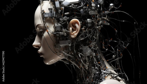 Futuristic Artificial Head with Wires on Dark Background, Generative AI