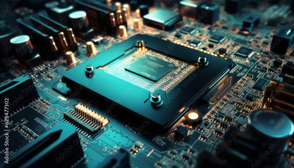 Fototapeta premium Festive Circuit Board Background with Glowing Green Lights and Electronic Components, Copy Space, Generative AI