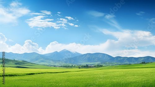Nature landscape with green meadows, blue sky with clouds and mountains in the background. Generative AI © Sewupari Studio