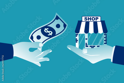 Franchise concept. Investor buys the store by agreement. Money in exchange for property rights. Purchase of an idea and license. Profitable franchise business. Vector illustration flat design.