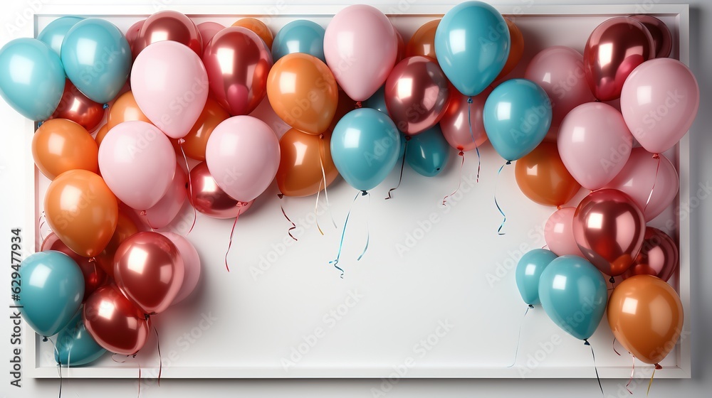 Birthday card layout with a frame out of party balloons on a white background with copy space. Generative AI