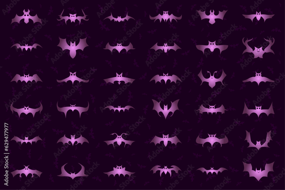 Horror zombie and halloween purple neon glowing bats collections on gradient dark background