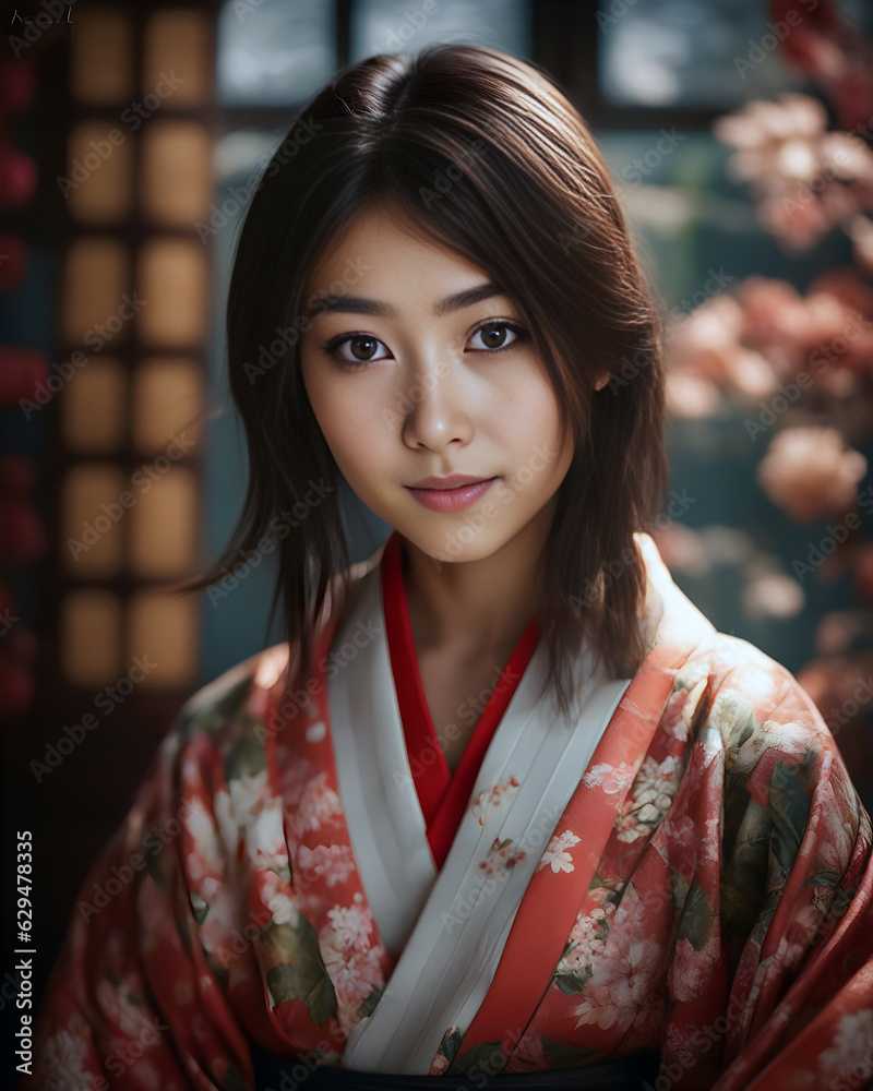 A portrait that expresses the delicate details of a young and neat Japanese woman relaxing in a kimono, created with generation AI.