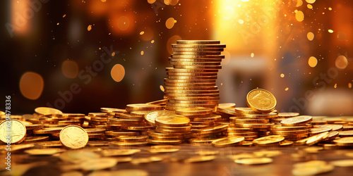Pile of golden coins with gold bokeh background. Jackpot fortune concept. Generative AI