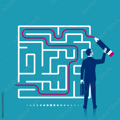 Creative problem solving. Businessman standing about wall drawing exit from labyrinth. Business concept. Choice way. Vector illustration flat design. Isolated on background. Achieving the goal.