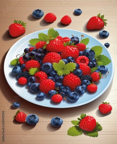 Forest berries  strawberries  blackberries  blueberries  black currants lie on a plate  created using Artificial Intelligence