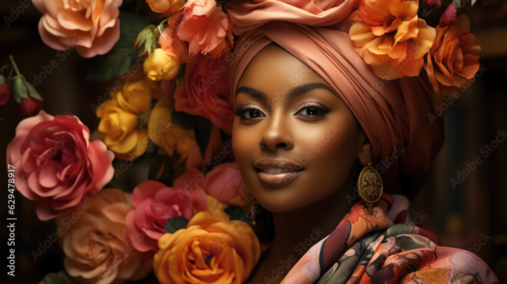 Generative ai illustration of a Black woman in African turban Generative ai illustration of a Black woman in African turban