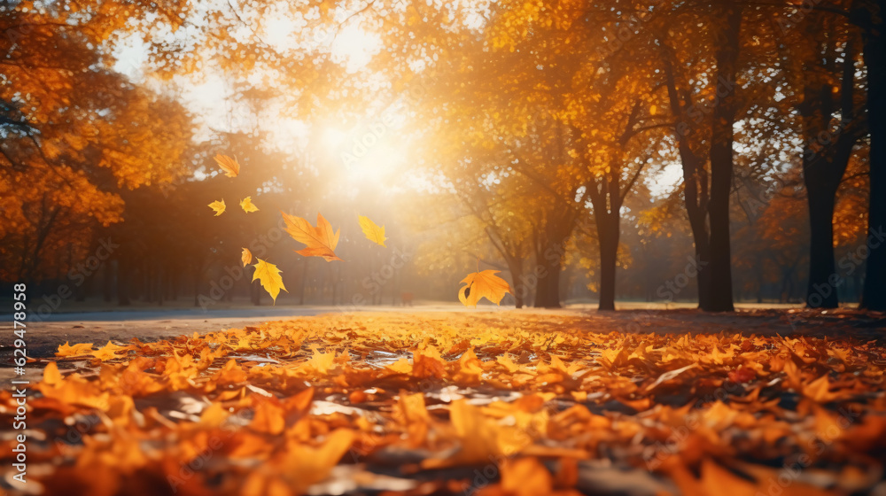 Autumn alley with beautiful golden colors and leaves / foliage.


Generative AI