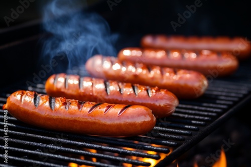 Spicy tasty hot unhealthy American hot dog grill sausages meal fast food on grill fire BBQ picnic advertisement ad advertising dinner eating delicious restaurant bistro cafe service grilling weekend