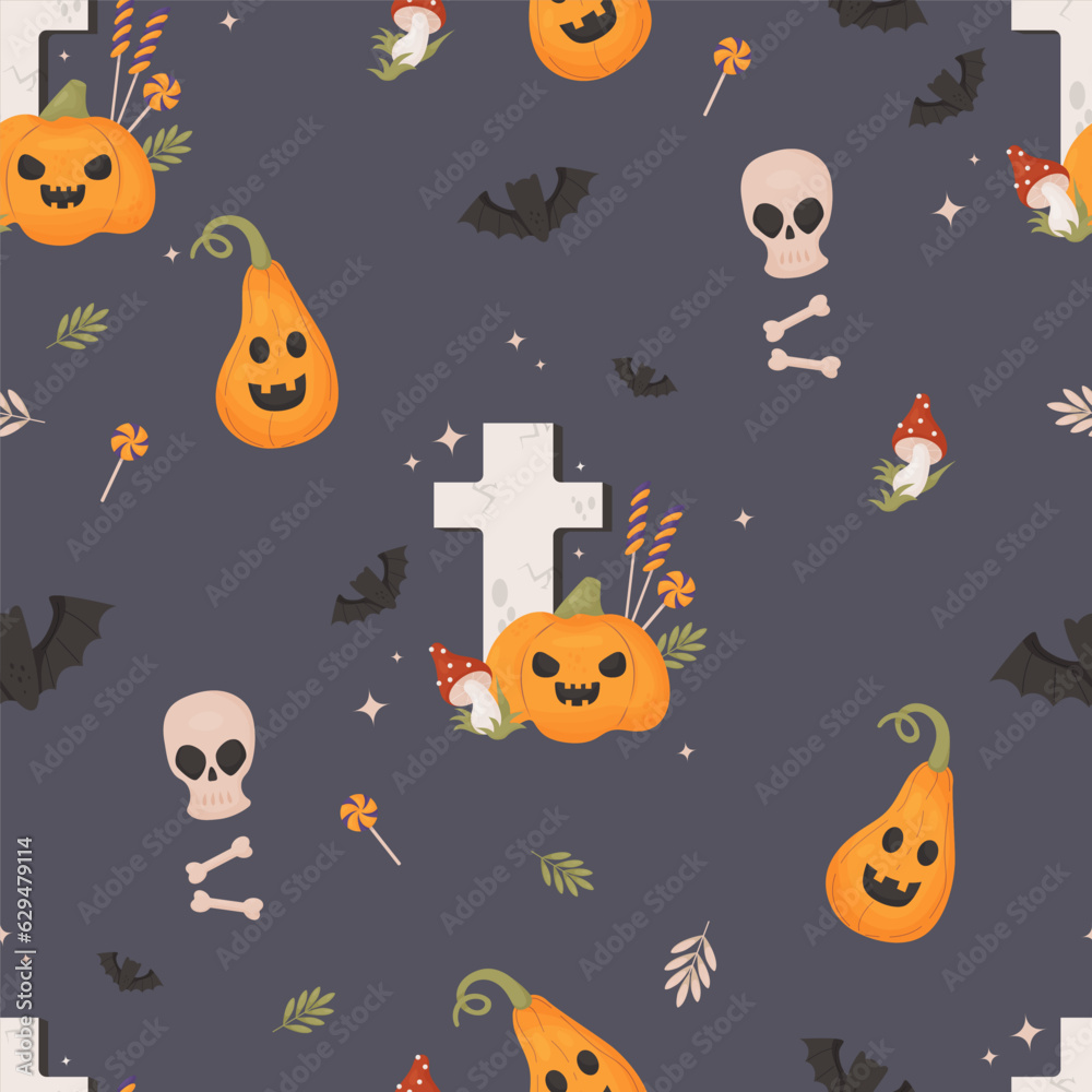 Spooky Halloween seamless pattern. Grave cemetery cross with pumpkin jack o lantern with lollipops on dark purple background with skull, bones with bats. Vector illustration in cartoon style.