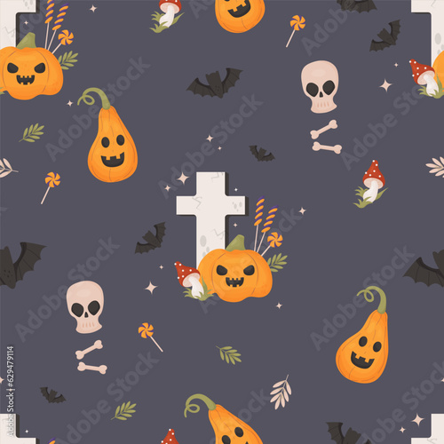 Spooky Halloween seamless pattern. Grave cemetery cross with pumpkin jack o lantern with lollipops on dark purple background with skull  bones with bats. Vector illustration in cartoon style.