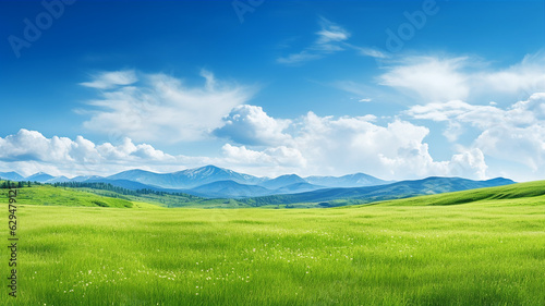 Nature landscape with green meadows  blue sky with clouds and mountains in the background. Generative AI