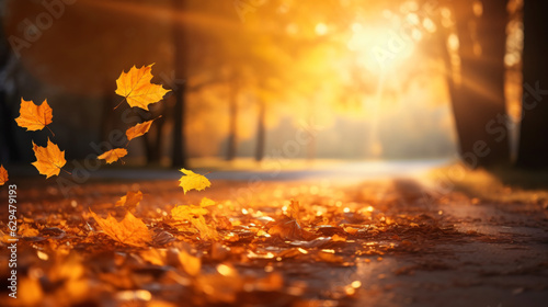 Autumn alley with beautiful golden colors and leaves / foliage.


Generative AI