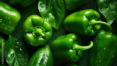Foto Fresh green bell peppers with water drops background