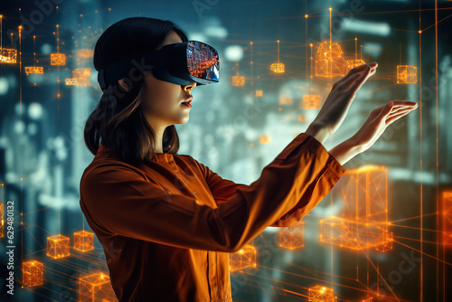Young woman wearing VR goggles immersed in cyberspace interacts with objects in virtual reality through gesture control. AR augmented and mixed reality technology concept.