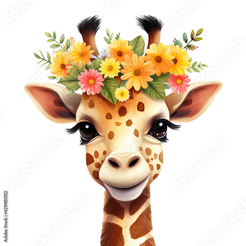 Cute kawaii giraffe with a crown of flowers on its head.  Transparent background