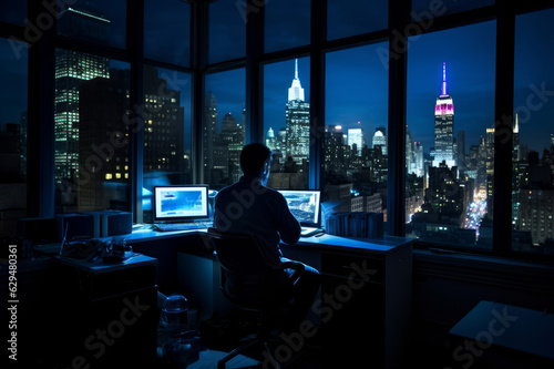 Businessman sitting at his desk using desktop computer at night. Stylish office studio with big windows. Generative AI. photo