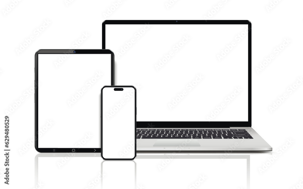 Laptop computer, tablet and mobile phone. Flat lay detailed and realistic devices mockup - obrazy, fototapety, plakaty 