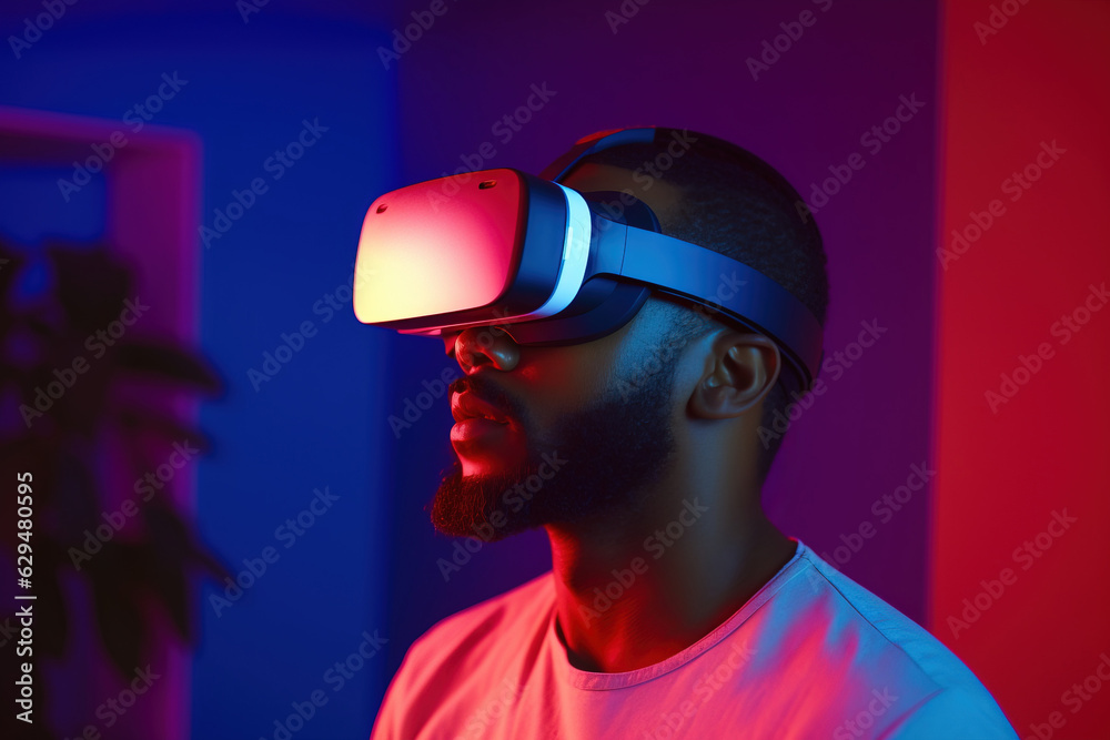 Portrait of African American man wearing VR headset at home in neon light. Adult male using virtual reality googles in living room, playing computer games. Portrait of African American man wearing VR headset at home in neon light. Adult male using virtual reality googles in living room, playing computer games.