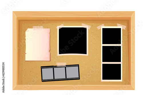 Cork board in wooden frame empty in cartoon style isolated on white background. Space for schedule, tasks and memeory pages.  photo