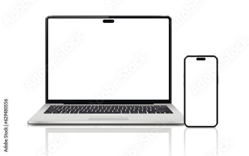 Laptop computer and mobile phone mockups isolated on white background