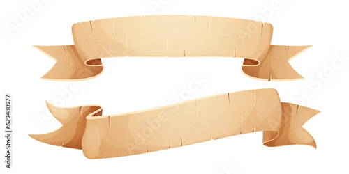 Set Parchment paper scroll ribbon, old vintage banner game ui element in cartoon style isolated on white background.