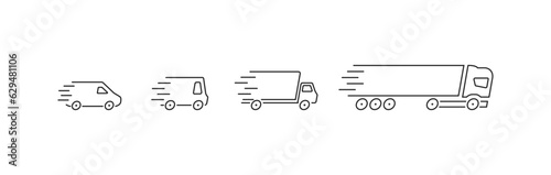 Photo Van, car, truck fast delivery thin line icon set. Vector EPS 10
