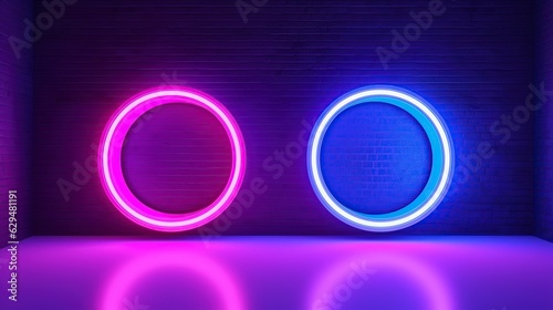 glowing neon signs, round shaped, 3d rendered, light effect, dark color