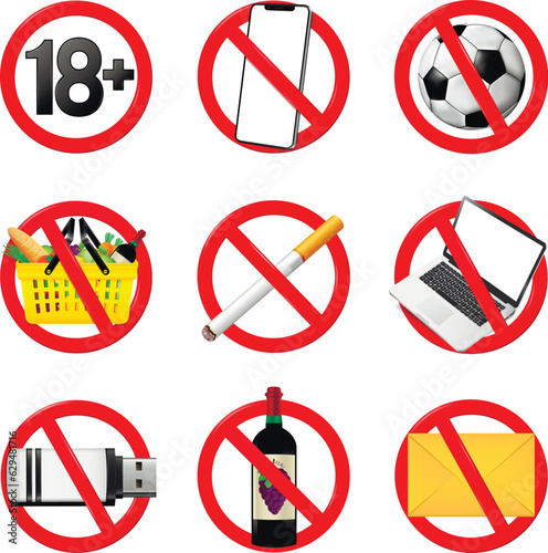 No cell phone, no games, no picnic, no drink, no smoking, no spam, not use laptop and flash drive signs. Prohibition or forbidden sign set isolated.