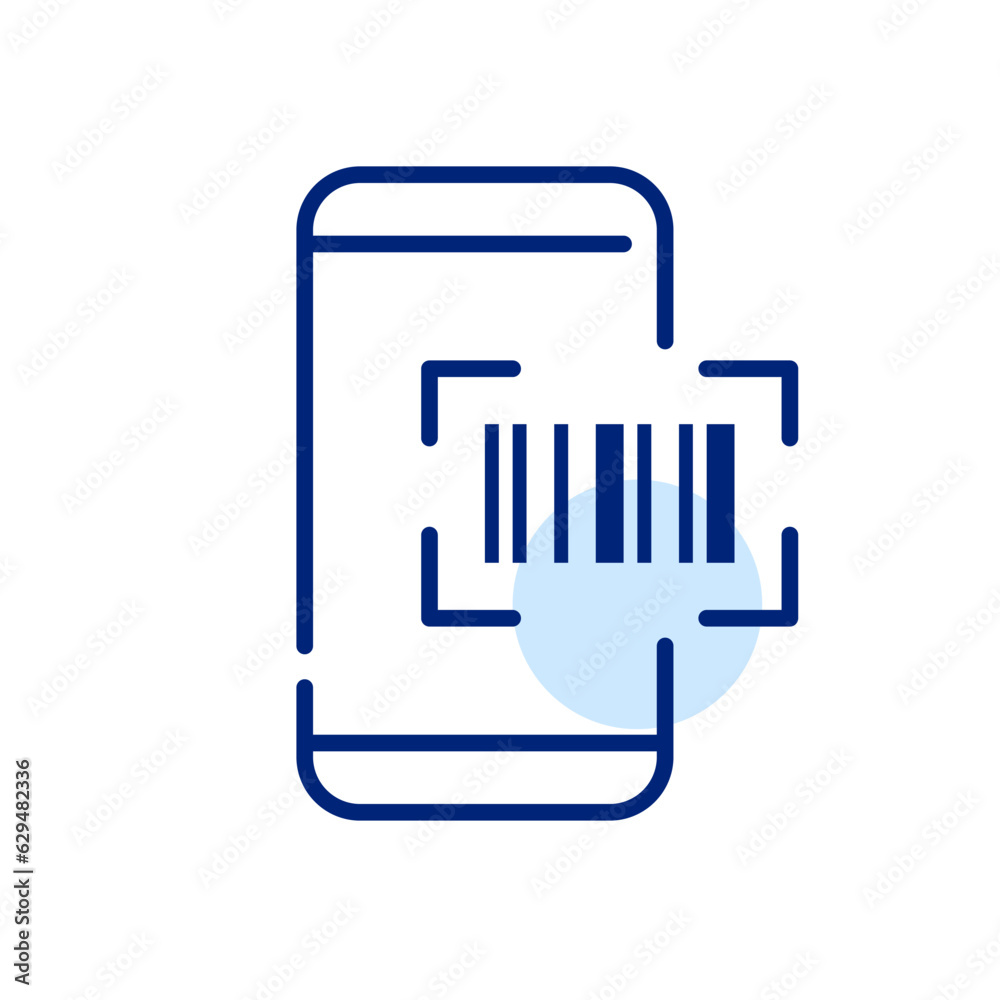 Smart phone bar code scanning app. Reading product information or paying with e-wallet. Pixel perfect, editable stroke icon Smart phone bar code scanning app. Reading product information or paying with e-wallet. Pixel perfect, editable stroke icon